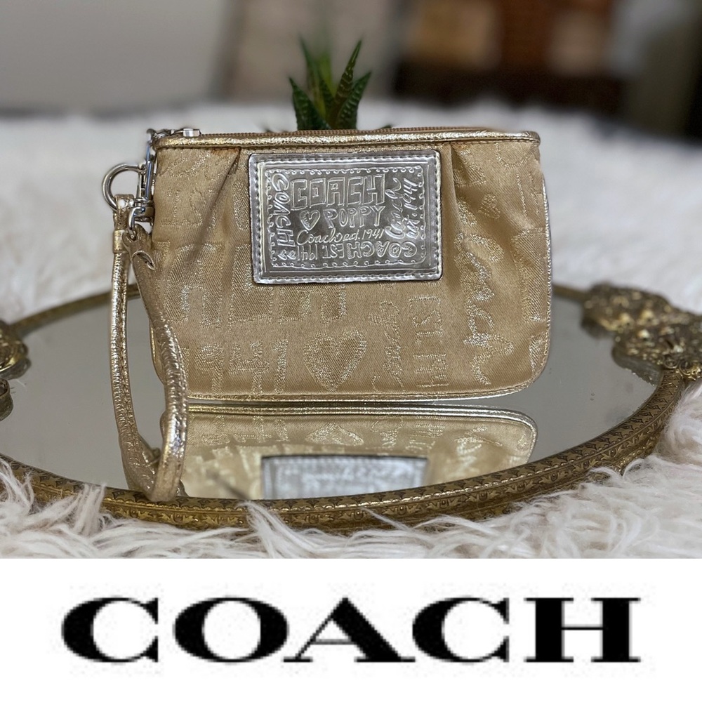 COACH Poppy Collection Wristlet in Gold and Silver with Purple Lining